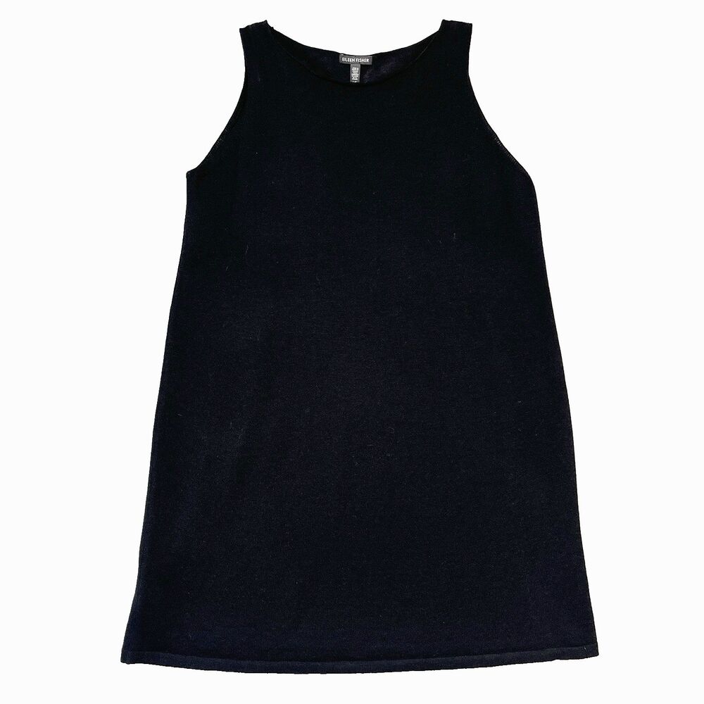 Eileen Fisher Minimalist Black Italian Wool‎ Sleeveless Crew Neck Shift Dress L